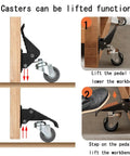 Demonstration of Heavy Duty Workbench Casters showing lift and lower mechanism for easy mobility, stainless steel build, set of four.