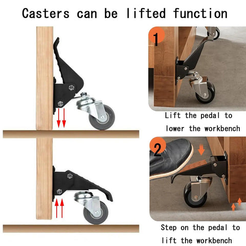 Demonstration of Heavy Duty Workbench Casters showing lift and lower mechanism for easy mobility, stainless steel build, set of four.
