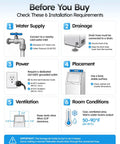 Installation requirements for Heavy Duty Commercial Ice Maker Cranks Out 100 Lbs Crystal Clear Ice Daily, including water supply and drainage.