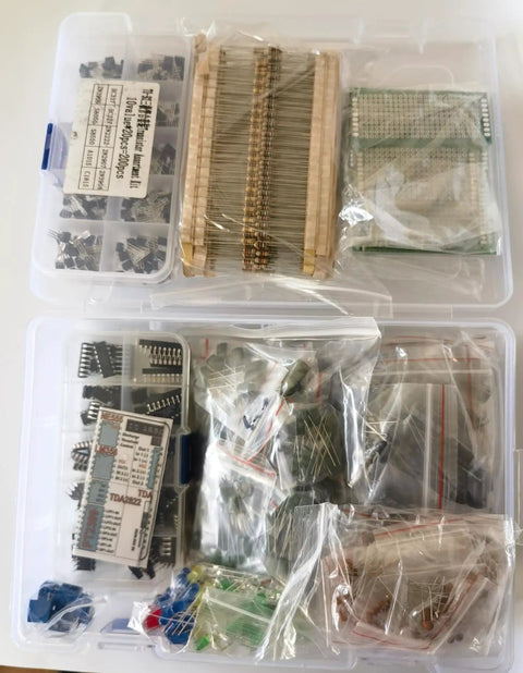 Pro Grade Electronics Components Grab Bag Kit With 2167 Pieces Including ICs, Opamps, neatly organized in plastic containers