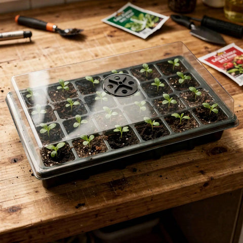 24 Cell Seed Starter Tray With Dome For Easy Seed Starting, 5 Pack 2 Inch Plug Trays Totaling 120 Cells on wooden table