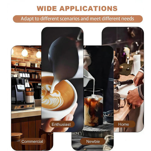 Various coffee scenarios showcasing the Automatic 58mm Electric Coffee Tamper Featuring Adjustable Pressure Control.