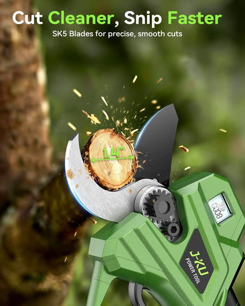 Cordless 2-In-1 Electric Pruning Shears cutting tree branch with SK5 blades, showing 1.4 inch diameter.