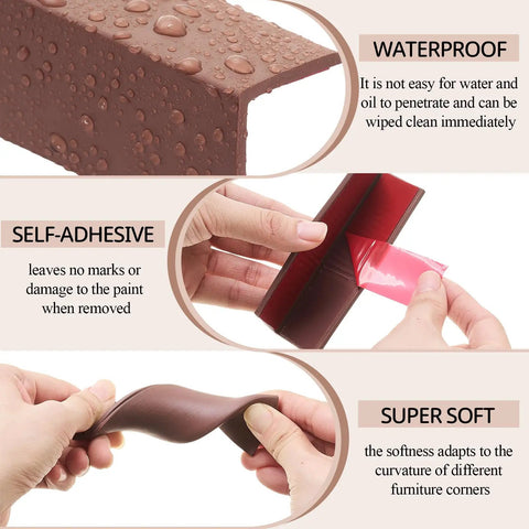 Close-up of waterproof and super soft self adhesive rubber corner protectors for walls and furniture, brown baseboard edge guards.