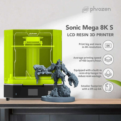 Ultra Fast 8K Resin 3D Printer With 15 Inch Mono LCD Screen Massive 33 By 18.5 By 30 Cm Build Area 43 Micron Detail Resolution Ideal For High Volume Production And Batch Printing Up To 80 Models In About 90 Minutes with a printed model.