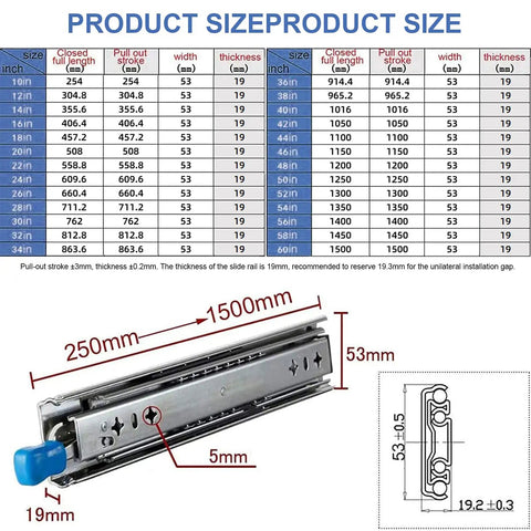 Top Shelf Heavy Duty Telescopic Drawer Runners With Secure Lock Full Extension Ball Bearing Slide Rails Built Tough Handling Heavy Hitting Loads Dual Rollers Smooth As Silk Precision Motion One Pair Set size chart and dimensions.