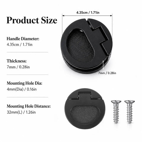 Black Round Recessed Ring Pull Handles 43.5mm Flush Door Pulls for Cabinets and Drawers with screws and size details