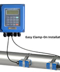 High Accuracy Digital Ultrasonic Water Flow Meter With Clamp-On TS-2 TM-1 Transducers, LCD Display, IP68 Protection For Pipe DN15-700mm displayed on a pipe