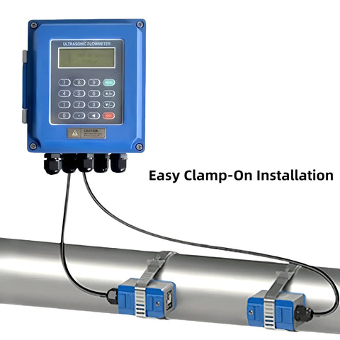 High Accuracy Digital Ultrasonic Water Flow Meter With Clamp-On TS-2 TM-1 Transducers, LCD Display, IP68 Protection For Pipe DN15-700mm displayed on a pipe