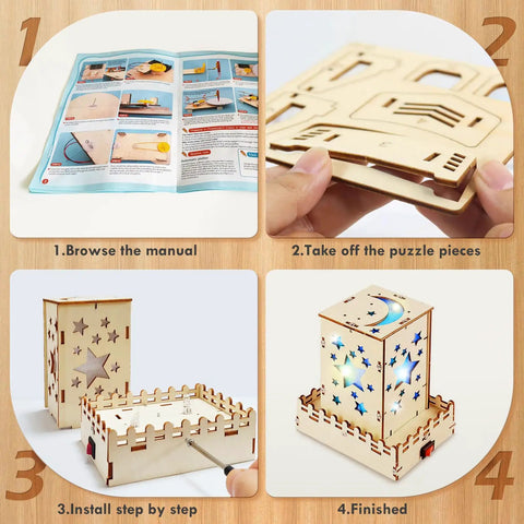 Wooden STEM Building Kit For Kids Ages 8 To 12 With Five Physics Models including manual and assembly instructions.