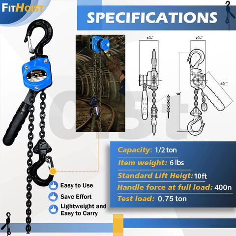 Front view of blue FitHoist 1/2-ton chain hoist come-along with 10 ft lift and two heavy-duty hooks