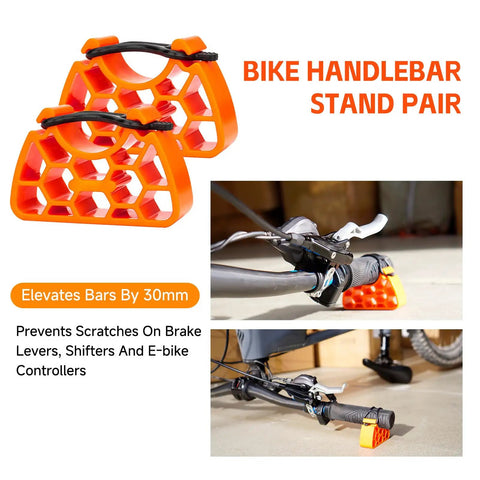 Clip On Bike Stabilizer And 30mm Elevation Tool for inverted parking with orange rubber straps on handlebars
