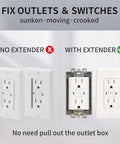 Side-by-side comparison of electrical outlet with and without Half Inch Single Gang Outlet Box Extender Kit, Gray Receptacle Extender For Electrical Boxes And Switches, Easy Install Pack Of 4 With 8 Screws, Durable Universal Fit For Home Renovations.