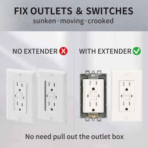 Side-by-side comparison of electrical outlet with and without Half Inch Single Gang Outlet Box Extender Kit, Gray Receptacle Extender For Electrical Boxes And Switches, Easy Install Pack Of 4 With 8 Screws, Durable Universal Fit For Home Renovations.