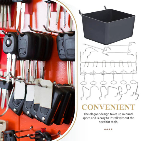 Rock Solid And Built Tough 80 Piece Peg Board Hooks And Bins Set For Garage Tool Storage Wall Mount Organizer With Steel Pegs displaying key hooks and bins.