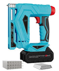 Heavy Duty 18 Gauge Cordless Brad Nailer And 3 In 1 Battery Powered Stapler with blue body and battery pack for DIY projects.