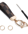 Top Shelf Leather Keychain With Secure Anti Lost D Ring And Heavy Duty Zinc Alloy Clip For Car And Home Keys, Brown checkered design.