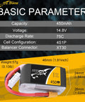 4S 450mAh 75C LiPo Battery Pack With XT30 Plug For FPV Multirotor Drones, shown with specifications and dimensions