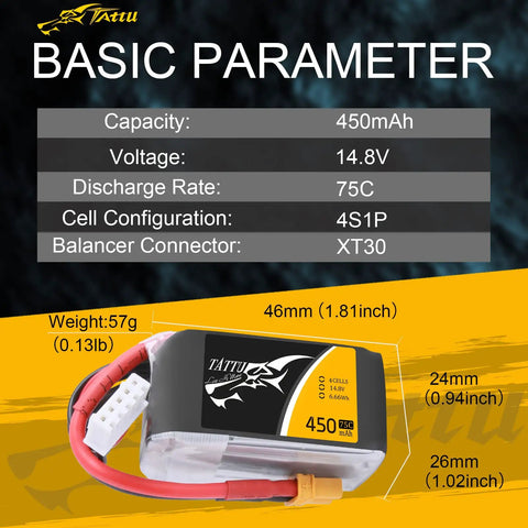 4S 450mAh 75C LiPo Battery Pack With XT30 Plug For FPV Multirotor Drones, shown with specifications and dimensions