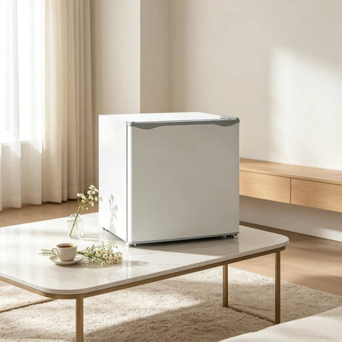 Slick Compact 1.1 Cu Ft Mini Freezer With Smooth Five Step Temperature Control And Reversible Door in a cozy living space.