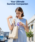 Woman using Portable Handheld Fan On The Go Must Have 5000mAh Rechargeable Battery With 6 Speeds And LED Display outside