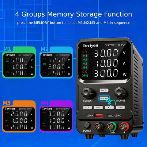30V 10A Bench Power Supply With Encoder Knob Four Memory Presets OCP OVP Protection USB Type A And Type C Fast Charge