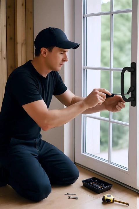 Person installing Offset Sliding Patio Door Handle Set With Mortise Lock 45 Degree Keyway Fits 1 3/8 To 2 Inches Doors 3 15/16 Inch Hole Spacing Zinc Alloy Black Diecast Non Handed Replacement For Pella Guardian PGT And More on glass patio door.