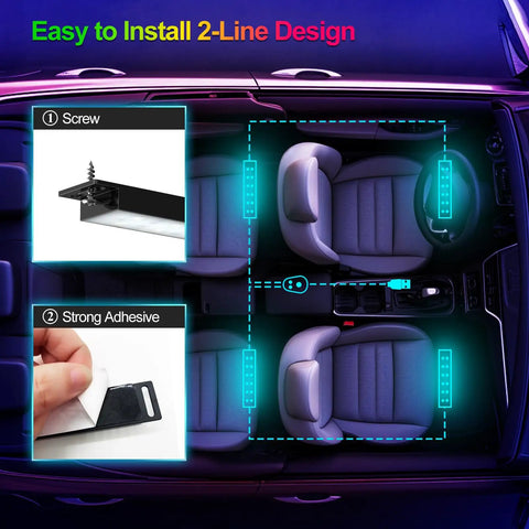Car Interior LED Lights With App Control And DIY Mode Lit Multicolor Under Dash RGB Lighting Kit showing installation method