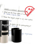 Self Inking Teacher Stamps For Quick Grading And Feedback Round Rubber Stamp on science assignment paper