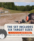 Shooter aiming at AR500 Steel Circle Shooting Targets Six Pack Three Eighths Inch Thick With 2, 3, 4, 5, 6, 8 Inch Diameters