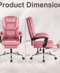 Executive Office Chair With Massage And Footrest, Ergonomic High Back Leather Desk Chair, Pink, showing front and side dimensions
