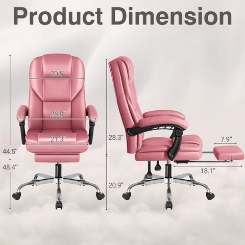 Executive Office Chair With Massage And Footrest, Ergonomic High Back Leather Desk Chair, Pink, showing front and side dimensions