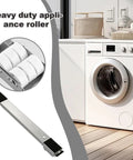 Heavy Duty Mobile Washing Machine Base Slider For Heavy Appliances With Rock Solid 660 Pound Load Bearing Supports To Glide Your Washers Dryers And Fridges Effortlessly Across Any Flooring Type With Adjustable Length From 17 To 27 Inches No More and close-up of appliance roller.
