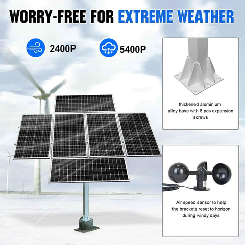 Dual Axis Solar Tracker Kit with weather resistance for outdoor PV output boost, showcasing aluminum base and wind sensor