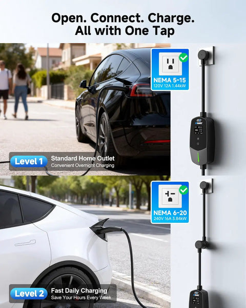 Tesla Ready Portable Level 1 And Level 2 EV Charger With 16A Output 25 Foot Cable Adjustable Current And Timer Delay NACS Connector