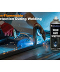 Anti Spatter Welding Spray 2 Pack 14 Oz Each For TIG And MIG Arc Welding Robots Universal Weld Protectant on workbench with sparks.