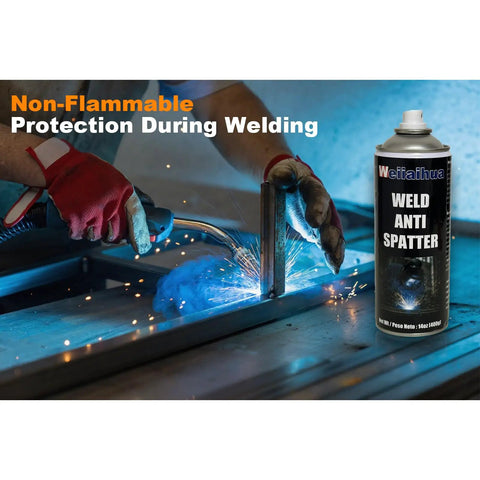 Anti Spatter Welding Spray 2 Pack 14 Oz Each For TIG And MIG Arc Welding Robots Universal Weld Protectant on workbench with sparks.