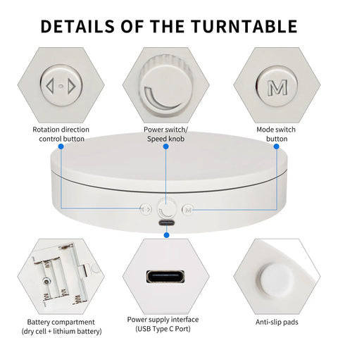 Details of controls on Foxvee 7.87 Inch White Motorized Rotating Display Stand 360 Silent Spinning Turntable adjustable speed.