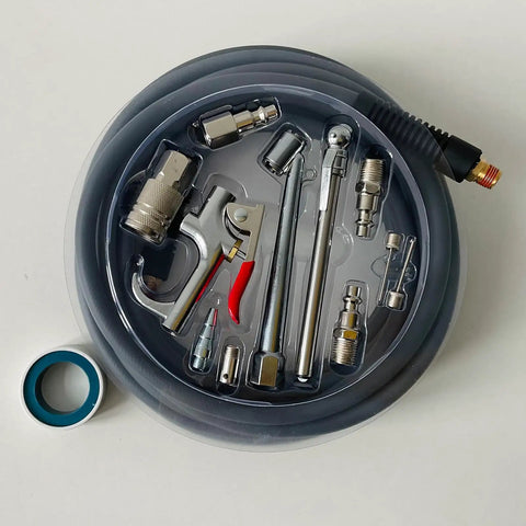 Lightweight Hybrid Air Compressor Hose One Quarter Inch By Thirty Feet With Flex Friendly Bend Restrictors And Thirteen Piece Accessory Kit in packaging.