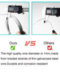 Comparison of 1mm braided galvanized steel wire with calipers for Heavy Duty Braided Picture Hanging Wire 100 Feet Long For Photo Frames Artwork And Mirrors Super Sturdy Flexible Steel Wire Supports Up To Thirty Pounds Great For Hanging Displays And Wall Art At Home Or Studio versus thinner wire