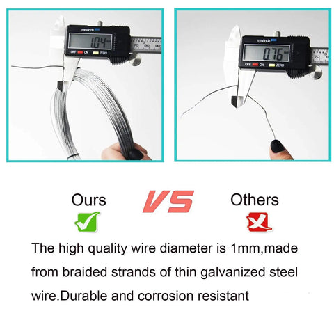 Comparison of 1mm braided galvanized steel wire with calipers for Heavy Duty Braided Picture Hanging Wire 100 Feet Long For Photo Frames Artwork And Mirrors Super Sturdy Flexible Steel Wire Supports Up To Thirty Pounds Great For Hanging Displays And Wall Art At Home Or Studio versus thinner wire