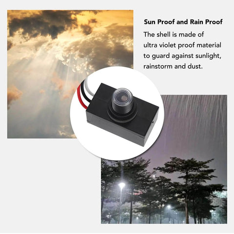 Sun-proof exterior dusk to dawn photocell sensor in weatherproof casing for outdoor lights, shown against rainy backdrop.