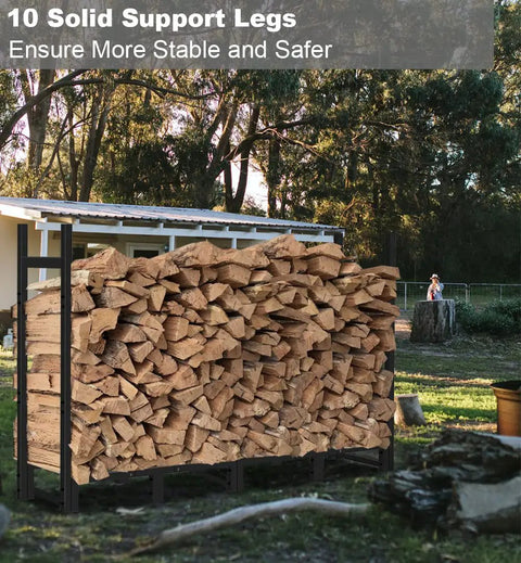Beefy Heavy Duty Firewood Rack Eight Foot Outdoor Storage Stand holding stacked wood with solid ten support legs.