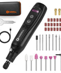 Top Notch Mini Cordless Rotary Tool Accessory Kit With 42 Pieces And 5 Speed Pen Sized Grinder display with charger, tools, and case.
