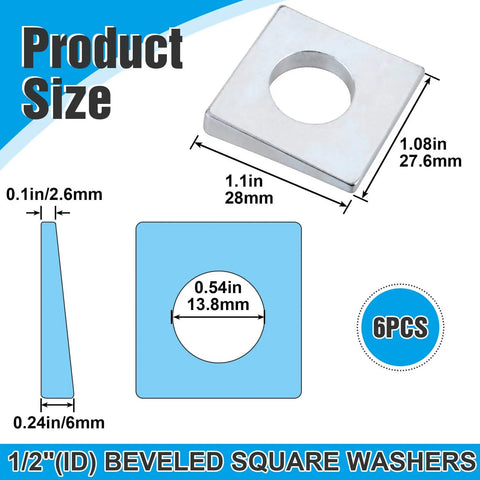 Beveled Square Washers Set Of Six For Leveling One Half Inch Inner Diameter And One And One Eighth Inch Outer Diameter Thick From Two To Six Point Six Millimeter Plain Carbon Steel Galvanized Shims In Silver Finish DC CLISENCE, detailed dimensions and design shown
