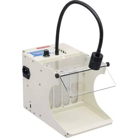 On The Bench Filter Hood With Light And 3 Filters For Jewelry And Dental Labs, 115V North American Plug, Dust Control Hood For Jewelry Making And Dental Work, showing front view with light and transparent shield.