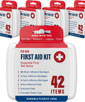 Four white plastic mini first aid kits with red lids, labeled First Aid Kit, 42 items, four-pack