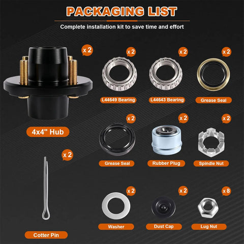 Packaging list of Heavy Duty 4 Lug Trailer Hub Kit For 2000 Lbs Boat Rigs With 4x4 Inch Bolt Pattern and installation components.