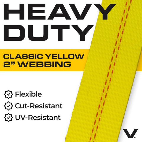 2 Inch Wide Lasso Style Car Tie Down Straps With Flat Hooks, 96 Inch Long, 4 Pack, Classic Yellow, 3,300 Pound Safe Working Load