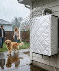 Outdoor Tankless Water Heater Cover With Weatherproof Protection IPX4 Waterproof Rating, Dustproof Cotton Material For Winter, Size 13.8x7.9x22.4 Inches, Adjustable Windproof Design For Garden And Backyard Installations shown protecting heater from rain.